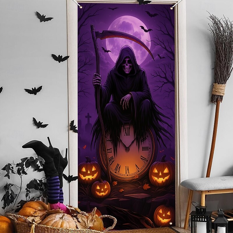 Halloween Door Cover Neon Grim Reaper with Lantern Banner, Glowing Blacklight Entrance Decoration for Outdoor & Indoor 2025 Halloween Bedroom, Living Room, Bathroom2