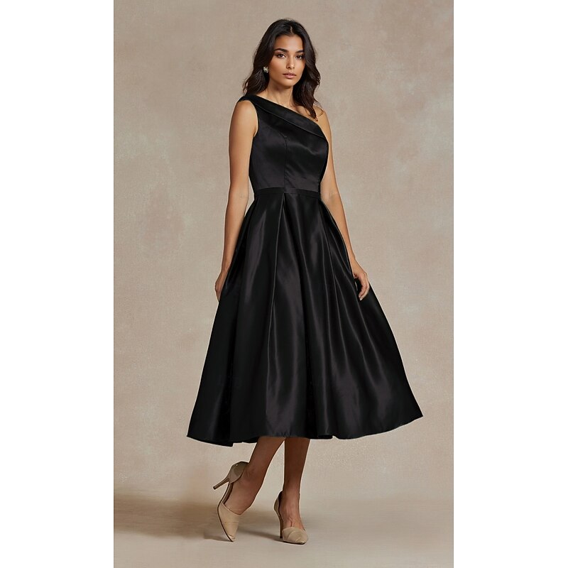 Black A-Line Cocktail Dresses Elegant Dress Formal Wedding Tea Length Midi Length Sleeveless One Shoulder Stretch Satin with Pleats2
