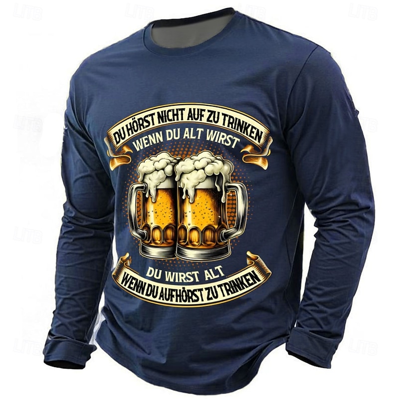 Men's Long Sleeve T-Shirt, Funny Beer Mugs Graphic, German Quote: Don't Stop Drinking, Stay Young3