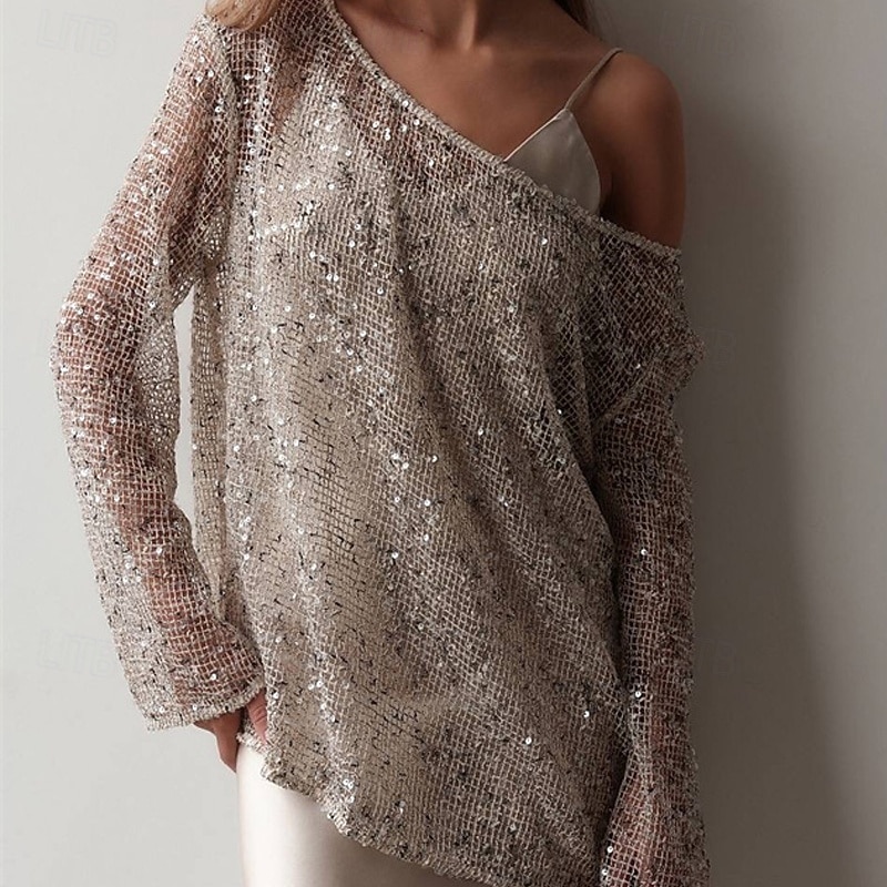 Women's Texture Blouse Sequin Sparkly Party Plain Fashion Modern Long Sleeve Crew Neck Regular Tops Daily Sequins Eyelet Gray Summer