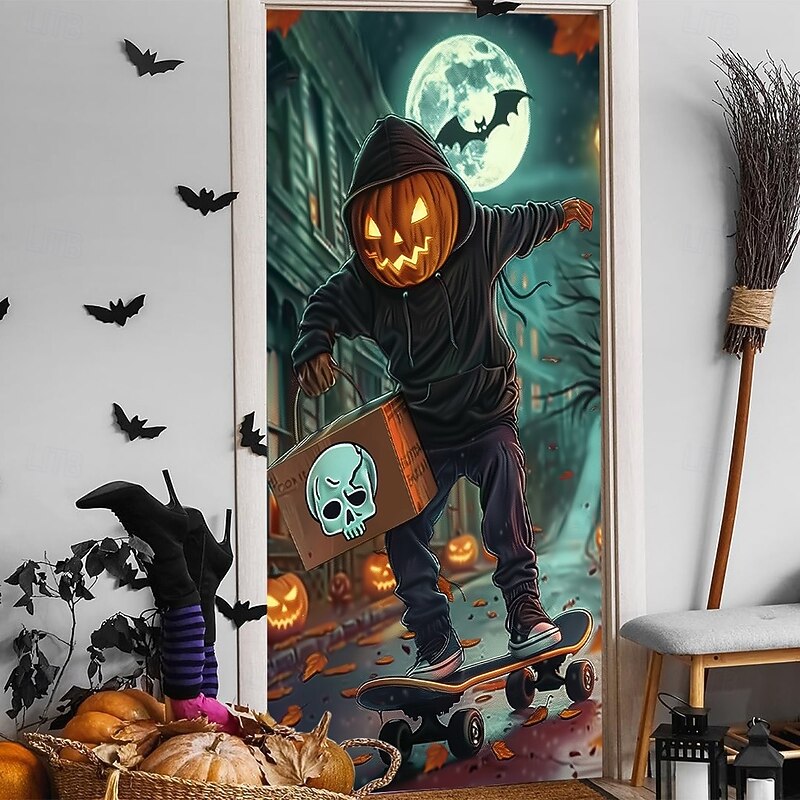 Halloween Door Cover – Pumpkin Head Skeleton under Full Moon, Haunted House Entrance Banner, Scary Outdoor & Indoor Decoration for 2025 Halloween Bedroom, Living Room, Bathroom3