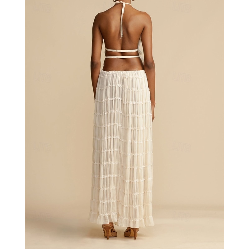 Women's Active Streetwear Blouse Skirt Sets Long Sleeve Halter Neck Solid Color Ruched Daily Casual Daily Black White Pink Summer Regular Fit4