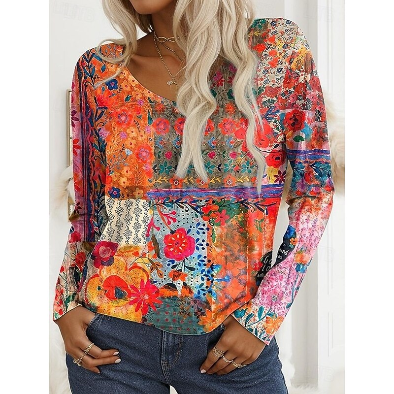Women's T Shirt V Neck Long Sleeve Tunic Floral Graphic Plants Vintage Stylish Classic Regular Tops Daily Print Purple Orange Brown Green Summer Spring Fall4