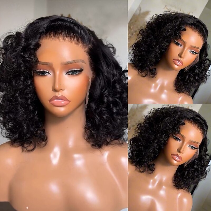 Remy Human Hair 5x5 Closure 13x4 Lace Front Wig Short Bob Brazilian Hair Loose Wave Black Wig 130% 150% Density with Baby Hair 100% Virgin Glueless Pre-Plucked For Women Short Human Hair Lace Wig4
