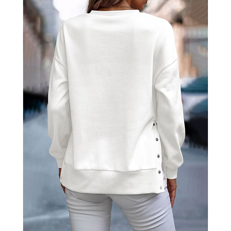 Women's Pullover Sweatshirt Sweatshirts Plain Streetwear Casual Long Sleeve Crew Neck Regular Tops Home Street Holiday Buttons Black White Light Blue Fall Winter3