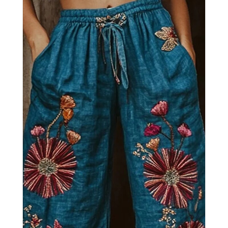Women's Wide Leg Pants Trousers Palazzo Pants Casual Boho Full Length High Waist Flower Elastic Waist Drawstring Print Breathability Comfortable Street Daily Wear Going out Blue Spring Fall Regular2