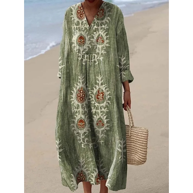 Women's Midi Dress V Neck Long Sleeve Kaftan Lightweight Loose Fit A Line Dress Casual Boho Going out Floral Graphic Long Sleeve V Neck claret Red Blue Light Purple Fall4