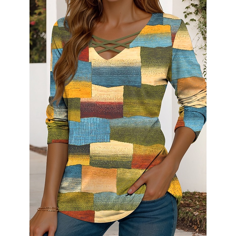 Women's T Shirt Graphic Geometric Vintage Stylish Modern Long Sleeve V Neck Regular Tops Daily Cut Out Print Blue Purple Green Spring Fall