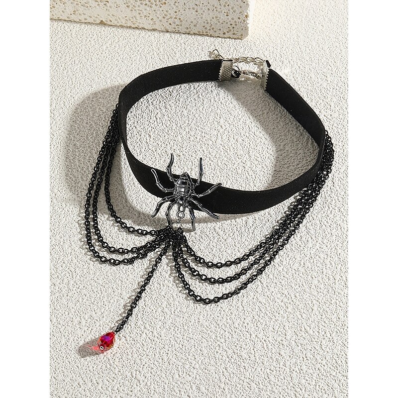 Women's Gothic Spider Choker Necklace – Black Velvet with Alloy Spider Pendant, Red Gem Chain Layers, Adjustable Fit, Ideal for Halloween Cosplay, Parties and Gothic Fashion3