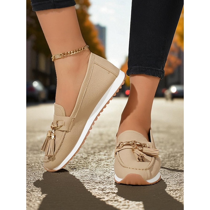 Women's Beige Faux Leather Tassel Loafers with Gold Chain - Casual Preppy Style Flat Moccasins for Ladies, Ideal for Work, Driving, and Daily Streetwear3