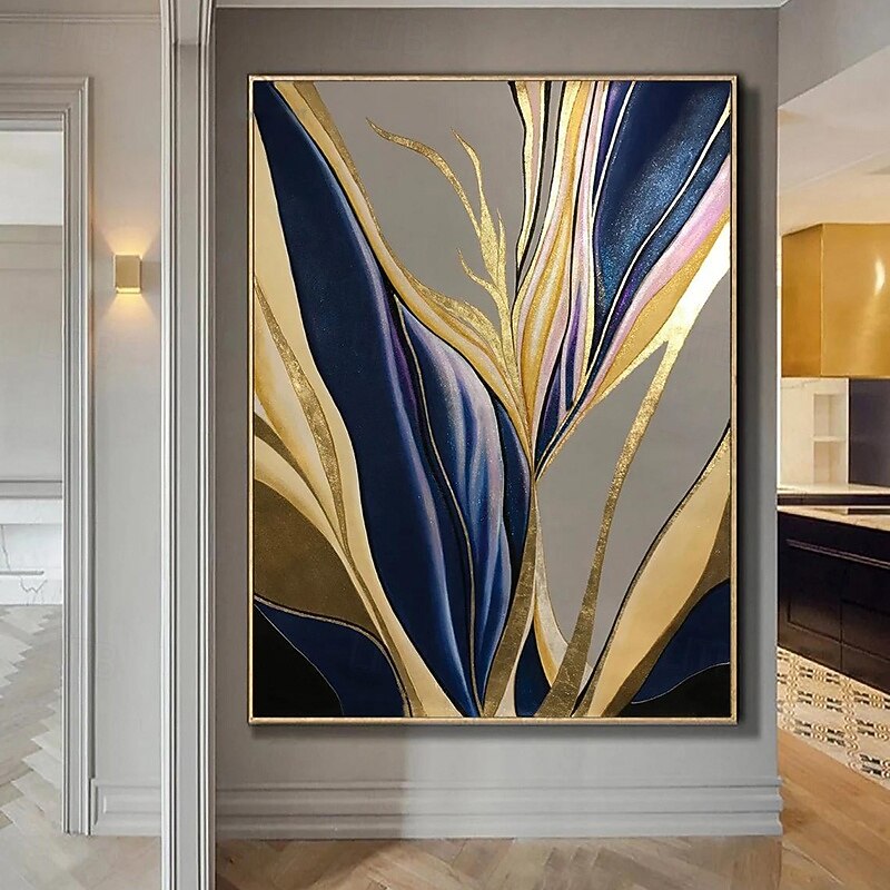 Handmade Oil Painting Canvas Wall Art Decoration Abstract  Modern Gold-Edged Blue Feather for Home Decor Rolled Frameless Unstretched Painting3