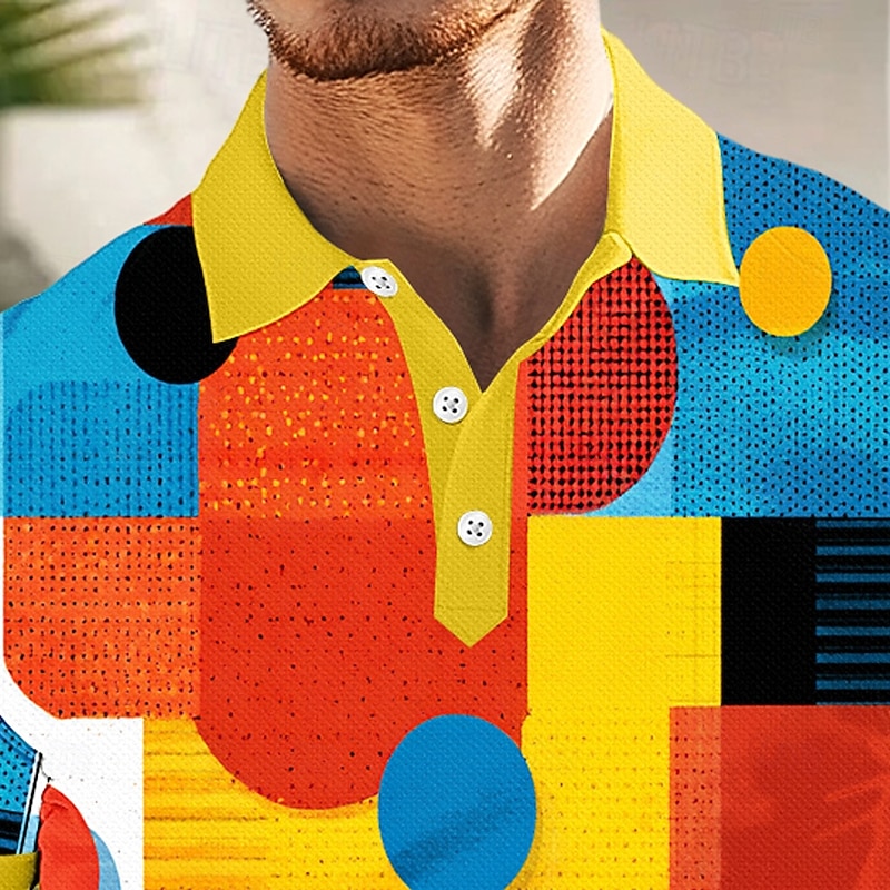 Men's Polo Vacation Street Turndown Short Sleeve Vacation Geometric Color Block Buttons Summer Slim Fit Lake blue Blue Yellow Green Polo2