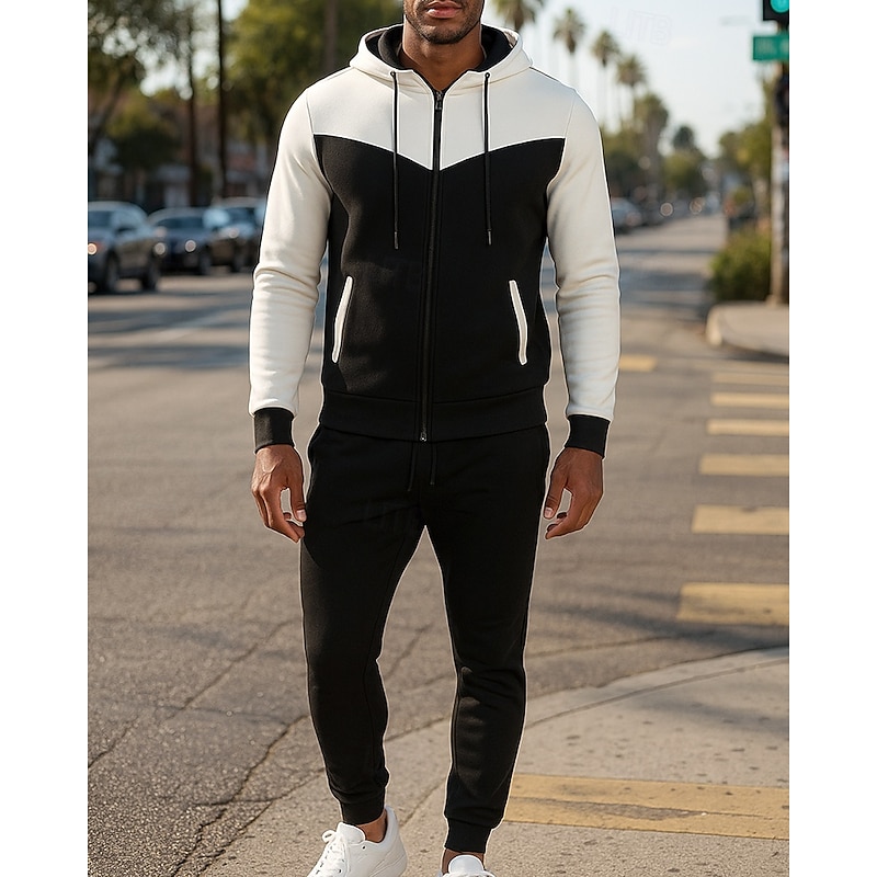 Men's Tracksuit Sweatpants Hooded Jacket Hooded Zipper Pocket Color Block Clothing Suit Fall & Winter White Army Green Gym Training Running Windproof Long Sleeve Sport Activewear Micro-elastic3