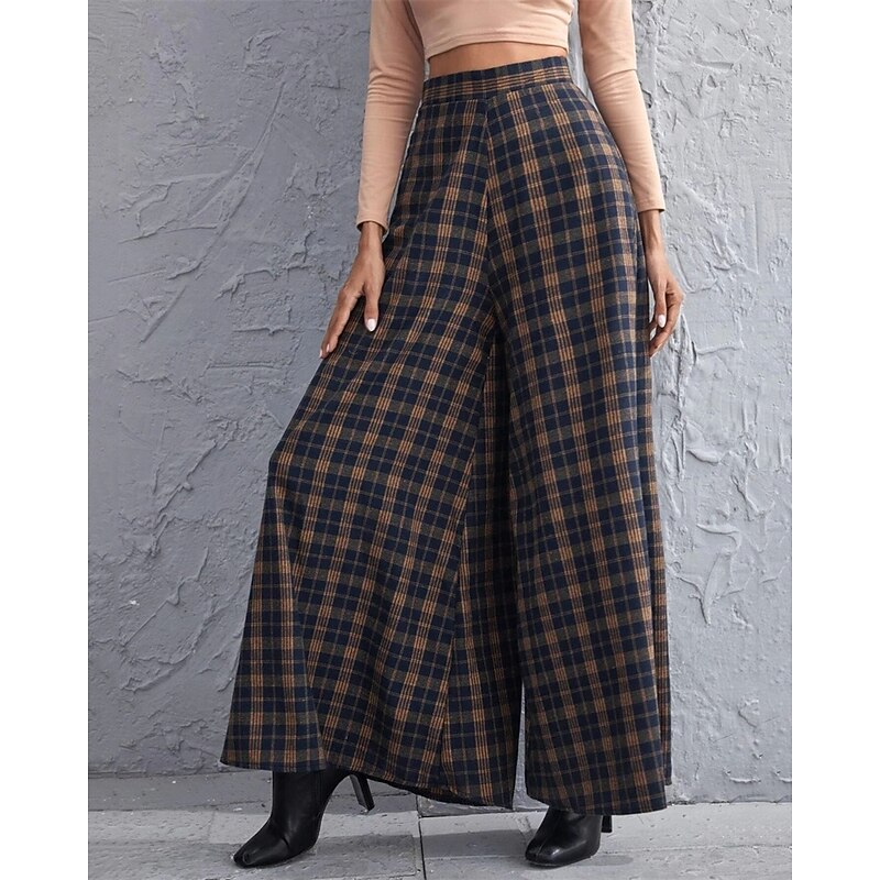 Women's Wide Leg Pants Trousers Palazzo Pants Fashion Streetwear Full Length High Waist Plaid Breathability Comfortable Street Daily Wear Going out Navy Blue Spring Fall Regular Fit4