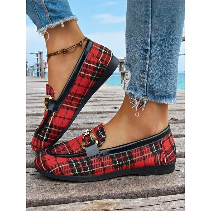 Women's Red Plaid Loafers – Classic Checkered Slip-On Flats with Bow Accent for Christmas Parties, Work and Casual Outings