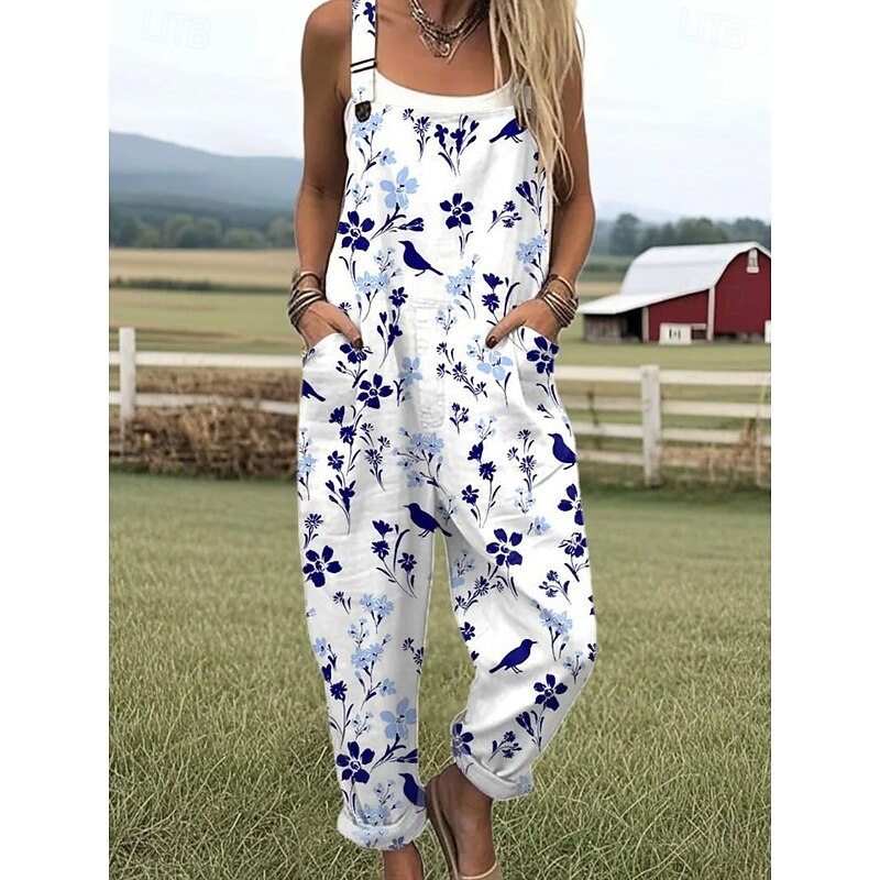 Women's Romper Active Graphic Sleeveless Straight Buttons Vacation Street Loose Fit White Light Green Blue Summer2