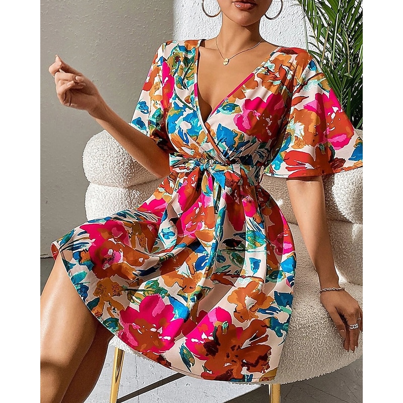 Women's Mini Dress Casual Dress Summer Dress Fashion Outdoor Party Holiday Regular Fit Flower Short Sleeve V Neck Red Summer4