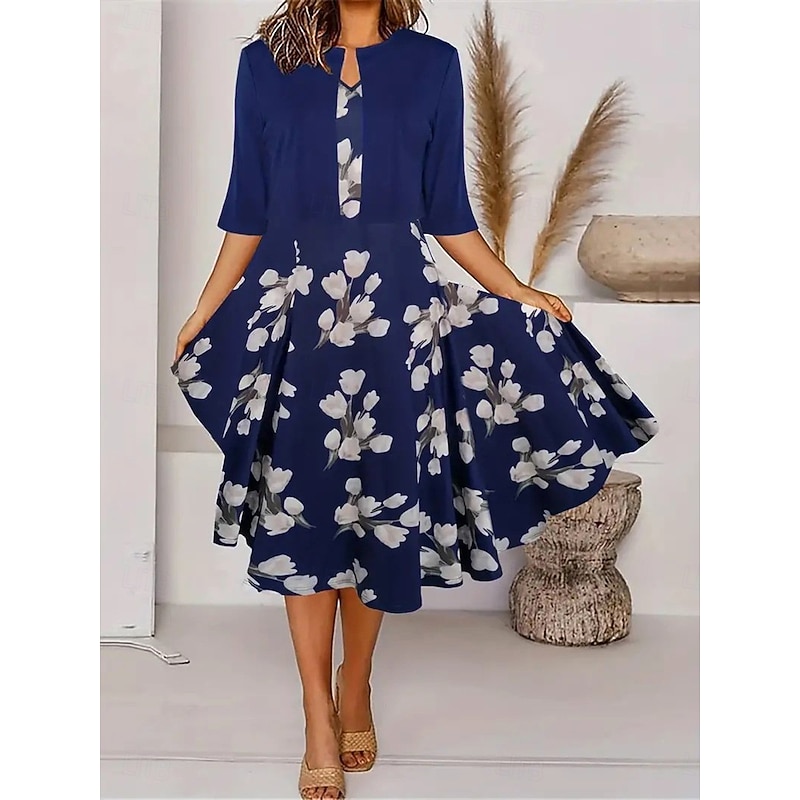 Women's Two Piece Dress Sets Midi Dress with Jacket Elegant A Line Dress Half Sleeve Casual Semi Formal Floral Graphic Print Crew Neck Date Navy Blue Regular Fit