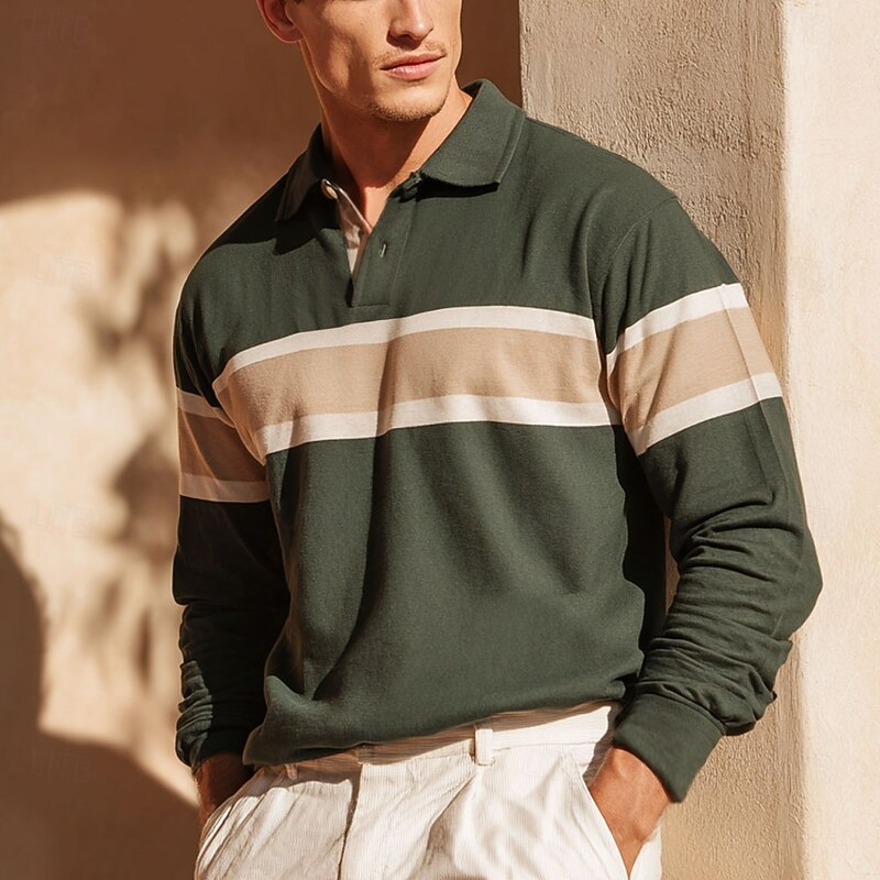 Men's Horizontal Stripes Rugby Polo Long Sleeve Polo Shirts Collared Shirts Sportswear Casual School Outdoor Athleisure 3D Print Spring Fall Winter Black Blue Brown2