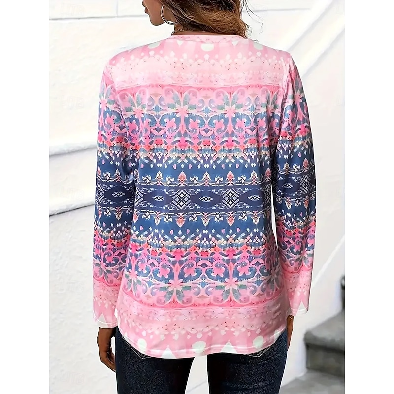 Women's T shirt Crew Neck Long Sleeve Tunic Graphic Geometric Striped Vintage Stylish  Round Neck Regular Tops Daily Print Pink Fall2