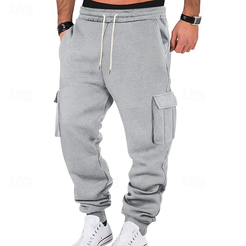 Men's Fleece Pants Sweatpants Joggers Trousers Cargo Sweatpants Elastic Waist Drawstring Multi Pocket Plain Comfort Sports Outdoor Daily Fashion Casual Black White Micro-elastic3