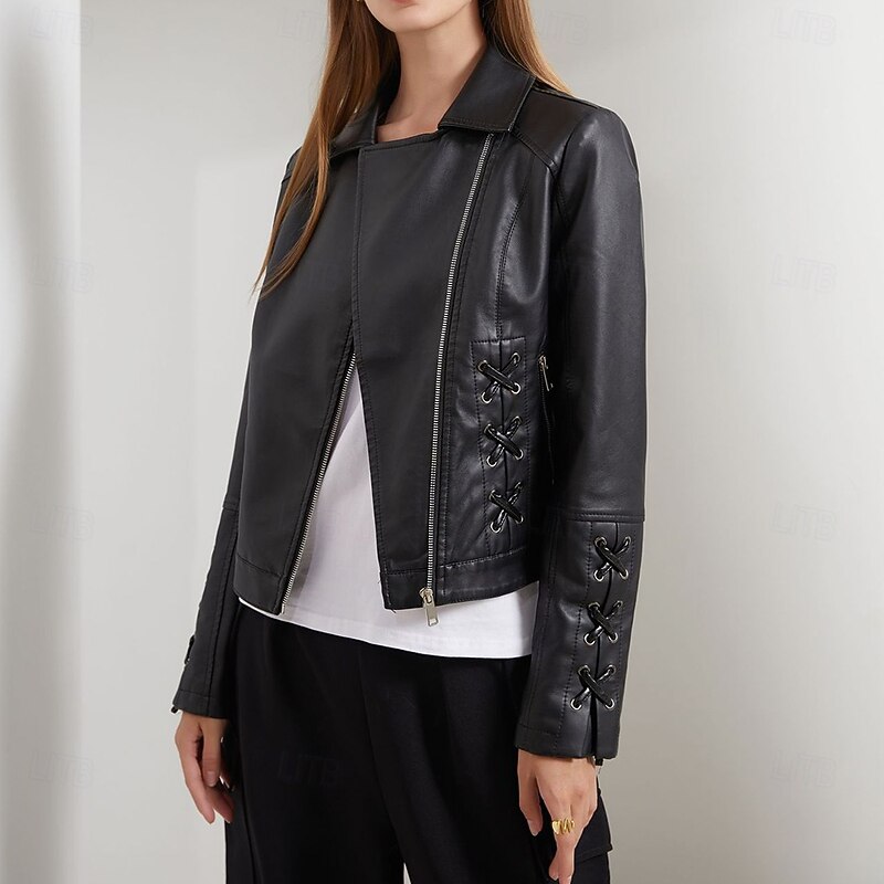 Women's Faux Leather Jacket Comfortable Full Zip Fashion Street Style Plain Outdoor Casual Daily Regular Turndown Regular Fit Long Sleeve Outerwear Black Red Green Spring Fall3