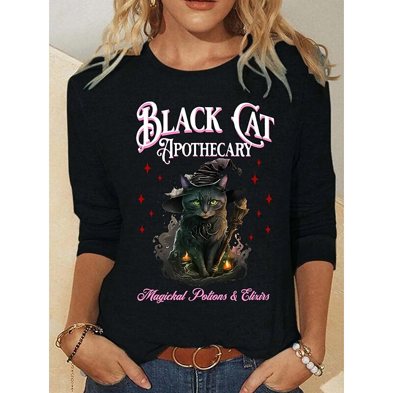 Halloween Women's T shirt Black Cat Long Sleeve Crew Neck Long Sleeve Tunic Graphic Animal Cat Vintage Stylish Round Neck Regular Tops Daily Weekend Print Black Pink Blue Fall Prefall3