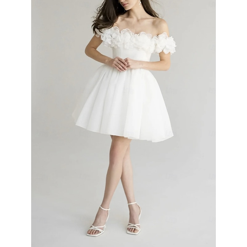 A-Line Cocktail Dresses Little White Dresses Dress Homecoming Short / Mini Short Sleeve Off Shoulder Organza with Pleats Shouder Flower