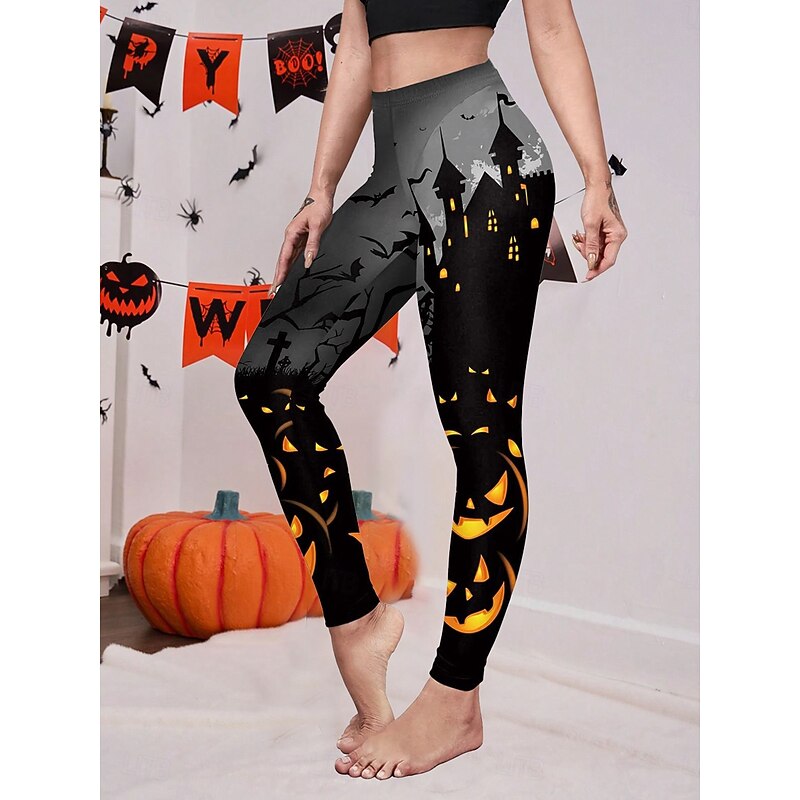 Women's Leggings Vintage Casual Ankle-Length High WaistPantsHalloween Graphic Pumpkin Printing Soft Breathable Stretchy Outdoor Daily Black and Blue Black and White Black Yellow Fall Winter Slim Fit2