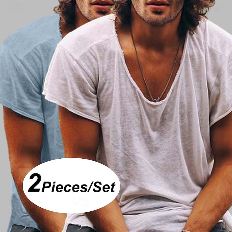 Men's T Shirt Casual Style Bamboo T-shirt Short Sleeve Crew Neck Spring & Summer All Seasons Plain Fashion Casual Comfortable 2 Piece 2 Pack Raw Edge Street Casual Holiday Blue / Green Black+Black