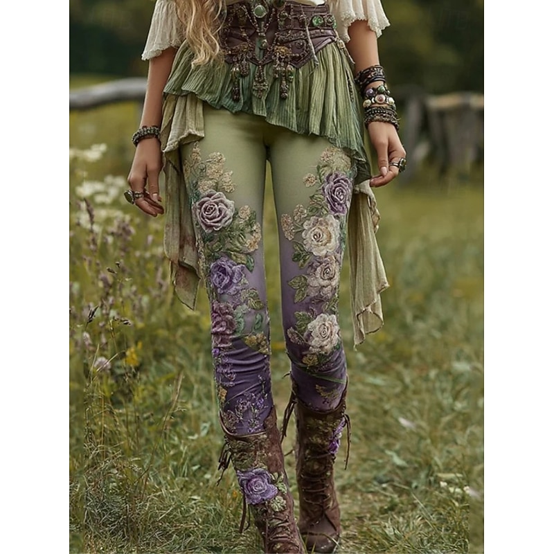 Women's Leggings Vacation Vintage Fashion Ankle-Length High WaistPantsCarnival Floral Graphic Printing Thermal Warm Soft Breathable Stretchy Outdoor Vacation Street Gray Green Amethyst Pink & Yellow2