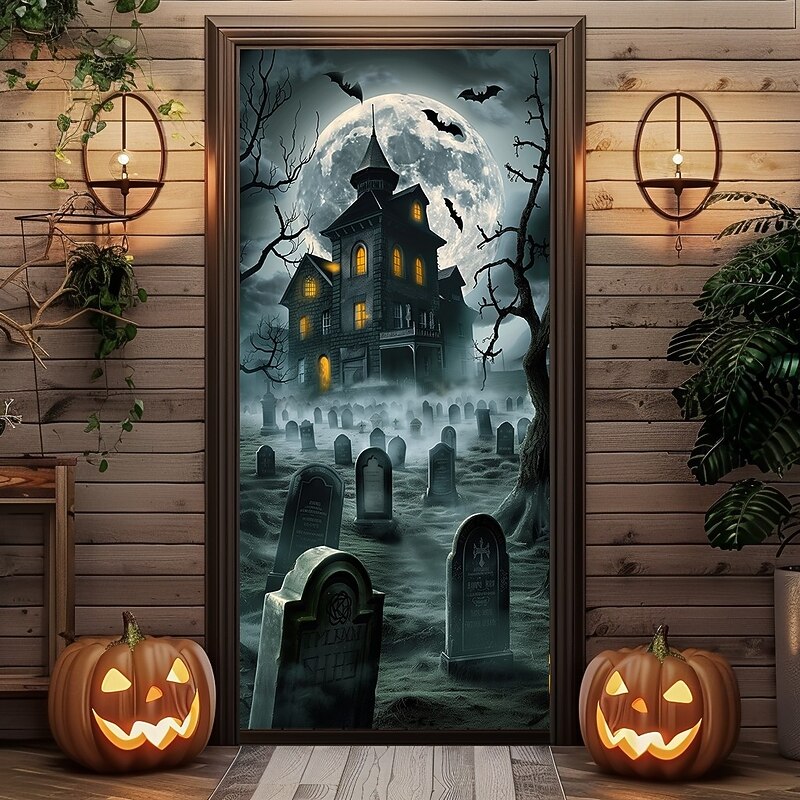 Halloween Door Cover – Haunted Castle with Full Moon, Graveyard Entrance Banner, Scary Outdoor & Indoor Decoration for 2025 Halloween Bedroom, Living Room, Bathroom2