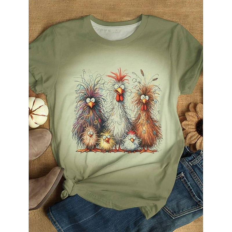 Women's T Shirt Ombre Graphic Rooster Vintage Stylish Classic Short Sleeve Crew Neck Regular Tops Daily Weekend Print Pink Blue Green Khaki Summer Spring4