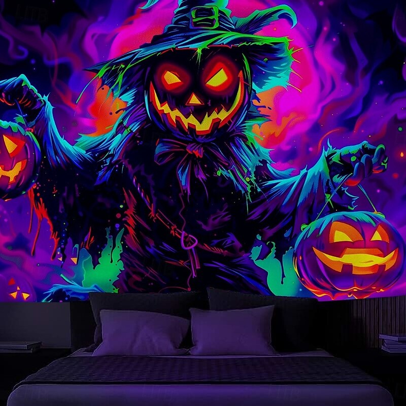 Halloween Blacklight Wall Tapestry – UV Reactive Evil Pumpkin with Glowing Jack-o'-Lantern, Neon Colors Spooky Field Scene, Glow in the Dark Horror Backdrop for 2025 Halloween Party Decoration