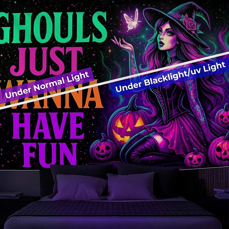 Halloween Blacklight Wall Tapestry – UV Reactive Witch , 'Ghouls Just Wanna Have Fun' Quote, Neon Colors Spooky Scene, Glow in the Dark Gothic Wall Hanging for 2025 Halloween Decoration3