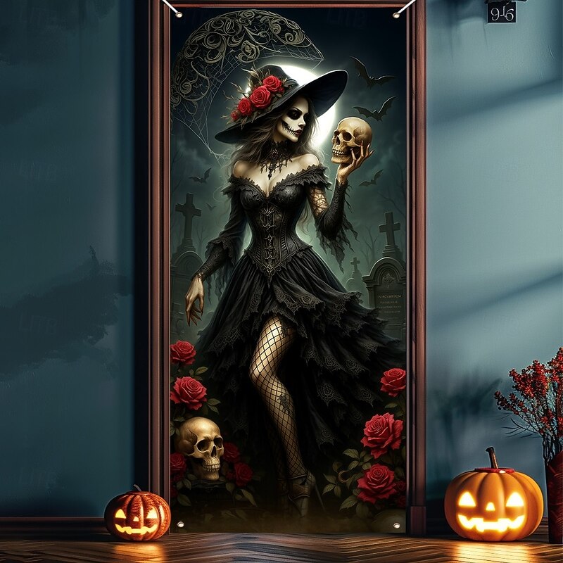 Halloween Door Cover – Witch with Red Roses, Haunted House Entrance Banner, Scary Outdoor & Indoor Decoration for 2025 Halloween Bedroom, Living Room, Bathroom