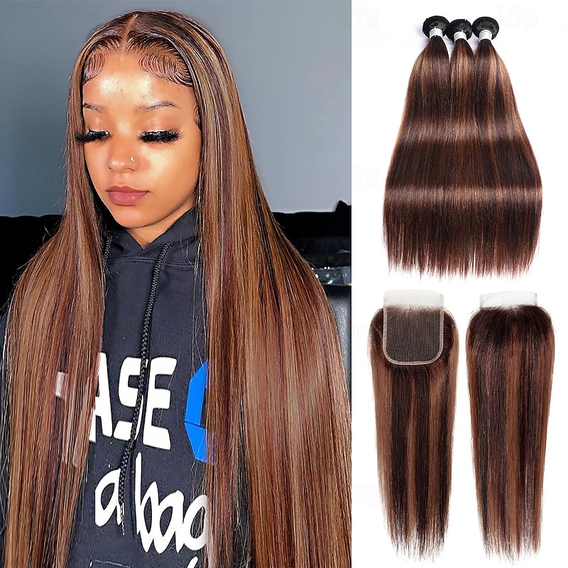 3 Bundle with Closure Human Hair Extension Hair T1B-4/30# Straight Human Hair 12-28 Inch For Black Women