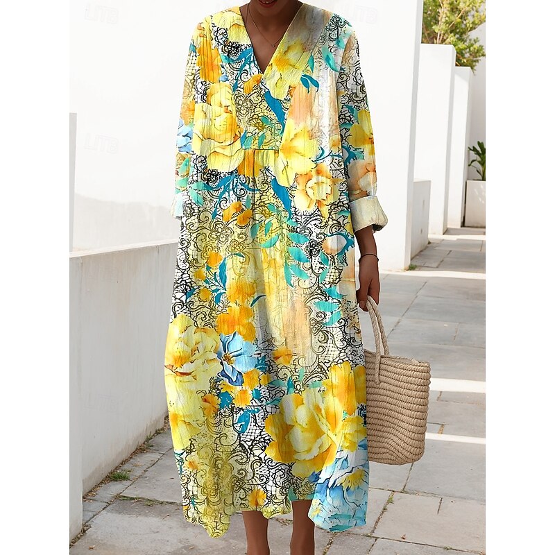Women's Midi Dress V Neck Long Sleeve Kaftan Lightweight Loose Fit A Line Dress Casual Daily Graphic Geometric Long Sleeve V Neck Navy Yellow Green Beige Fall3