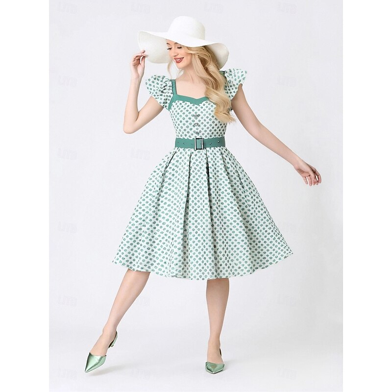 Retro Vintage 1950s Rockabilly Midi Swing Dress Flare Dress With Belt Polka Dot Fancy Dress Women's Carnival Masquerade Vacation Daily Wear Retro Theme Party Adults' Dress Spring & Summer
