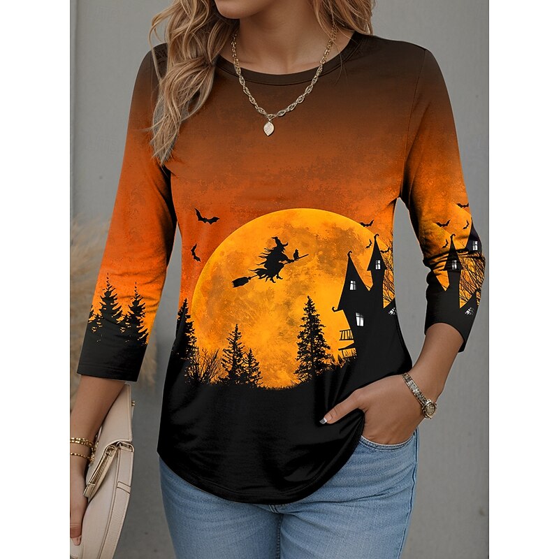 Halloween Women's T shirt Black Cat Long Sleeve Graphic Stylish Modern Long Sleeve Crew Neck Regular Tops Daily Weekend Print Black Yellow Orange Spring Fall Winter Prefall3