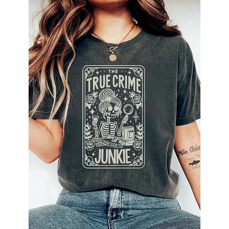 Halloween Women's T Shirt Graphic Skull Ghost Vintage Stylish Classic Short Sleeve Crew Neck Round Neck Regular Tops Daily Weekend Print Black and gray Summer Spring Fall