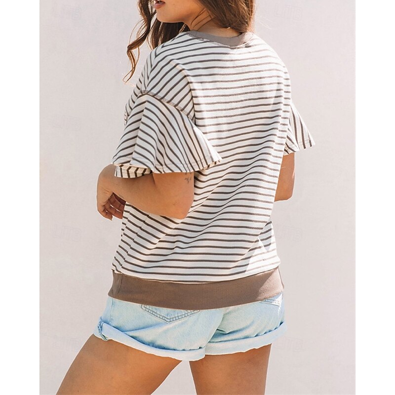Women's T Shirt Striped Fashion Modern Short Sleeve Crew Neck Regular Tops Daily Patchwork Pink Brown Green Summer3