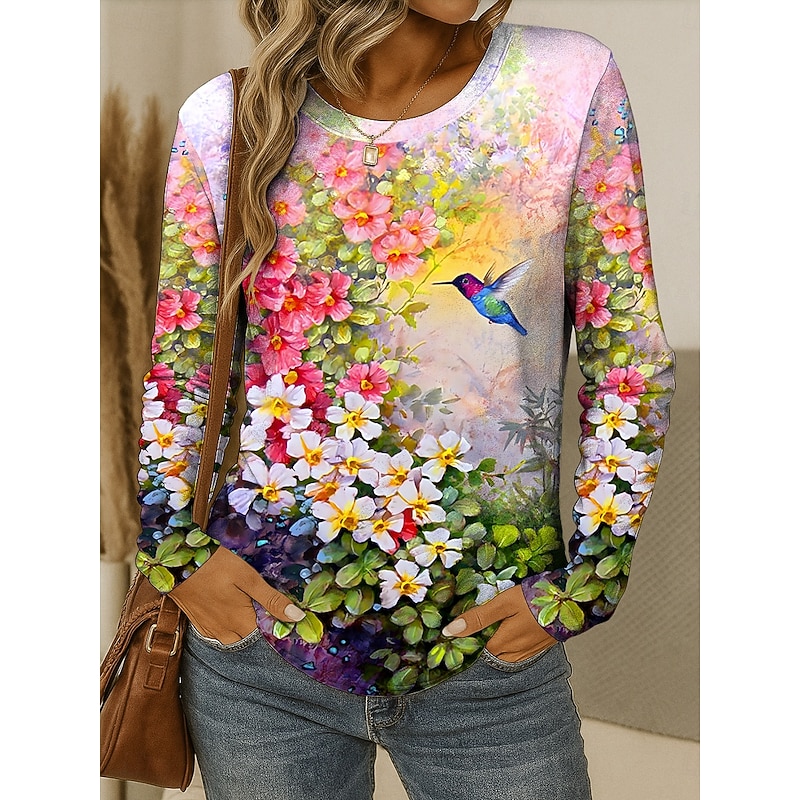 Women's T shirt Crew Neck Long Sleeve Tunic Floral Graphic Bird Vintage Stylish Classic  Round Neck Regular Tops Daily Weekend Print Yellow Red Blue Purple Green Fall