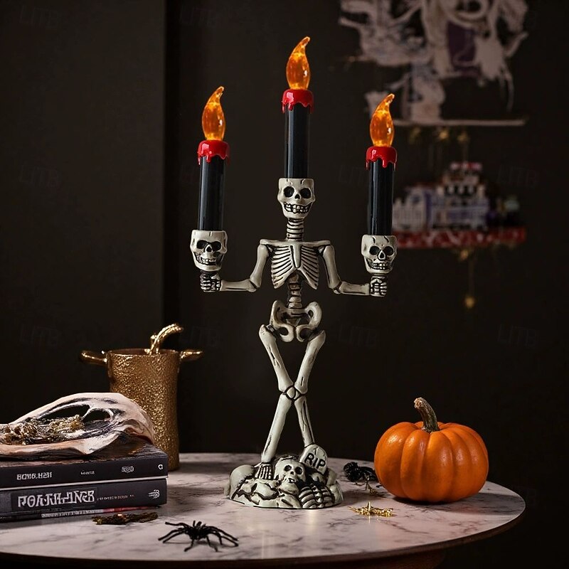 Halloween Skeleton Candlestick Lamp Ghost Festival Horror Decoration Props Pumpkin Lamp Skull Ornaments LED Electronic Candle Lamp AAA Battery Powered4