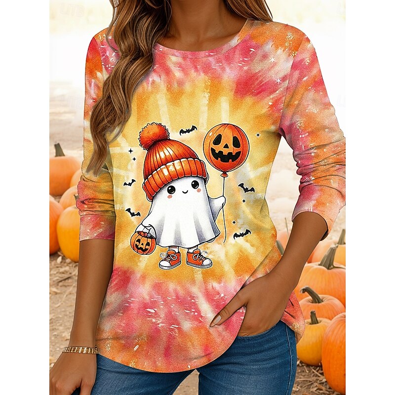 Halloween Women's T shirt Ghost Long Sleeve Crew Neck Long Sleeve Tunic Graphic Vintage Casual Regular Tops Daily Print Yellow Pink Orange Spring Fall Prefall