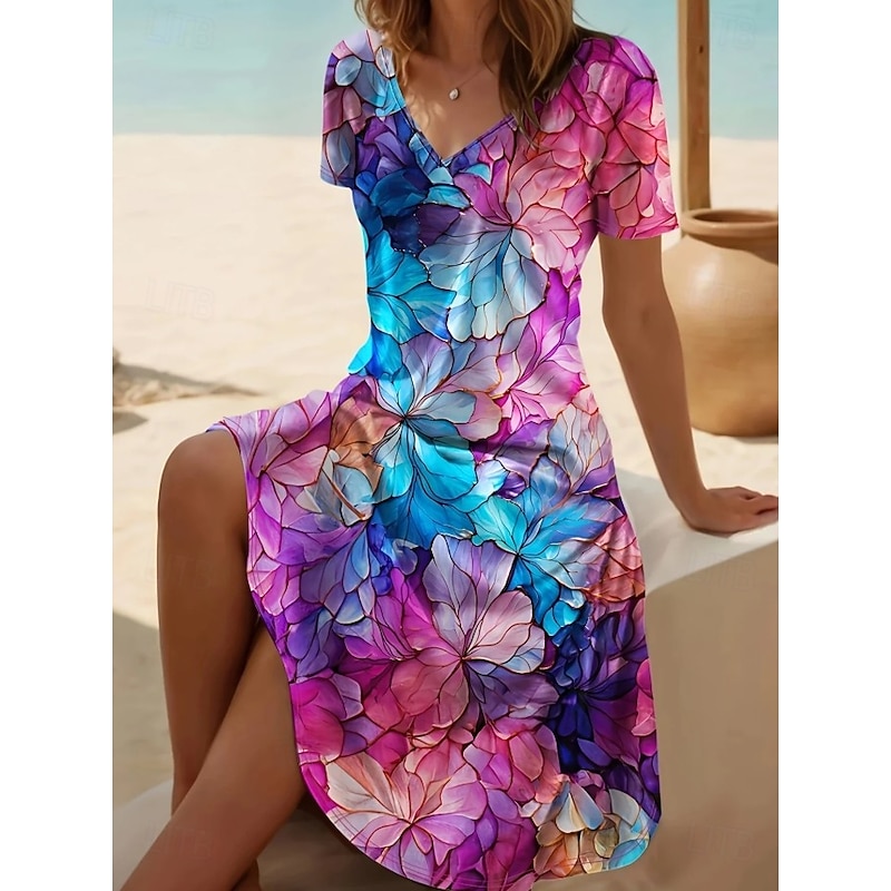 Women's Mini Dress T Shirt Dress Tee Dress Sundress A Line Dress Vacation Casual Beach Daily Holiday Beach Regular Fit Ombre Floral Graphic Short Sleeve V Neck Yellow Blue Purple Fuchsia Summer3