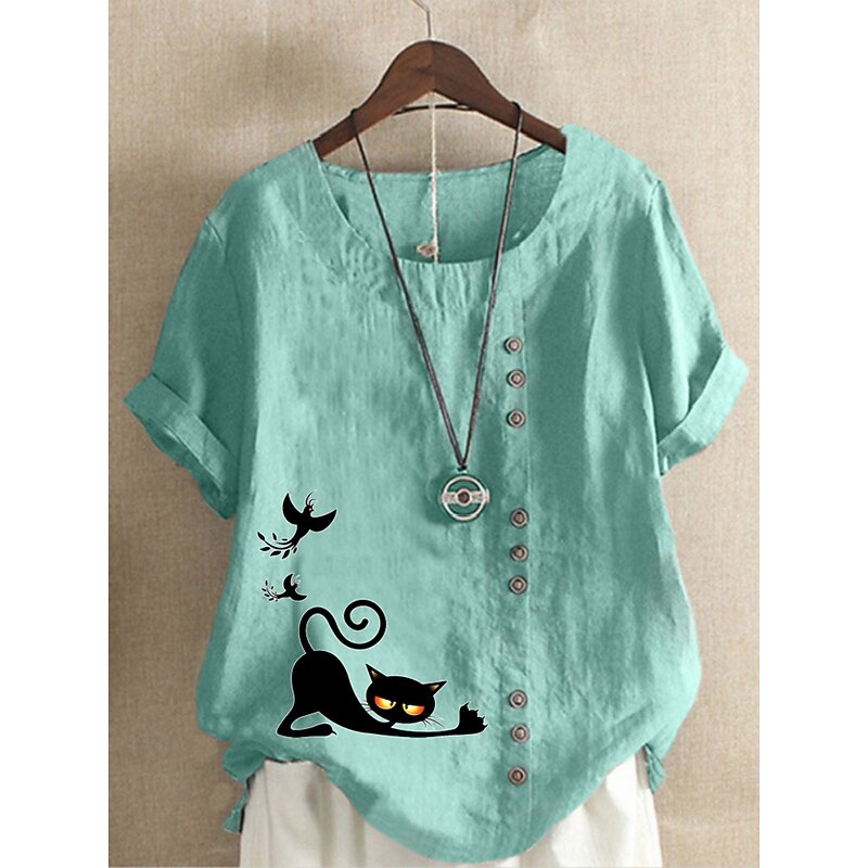 Women's Cotton Linen Shirts Animal Cat Elegant Vintage Tropical Short Sleeve Crew Neck Regular Tops Daily Holiday Vacation Wear Buttons Grass Green White Yellow Army Green Navy Blue Summer Spring
