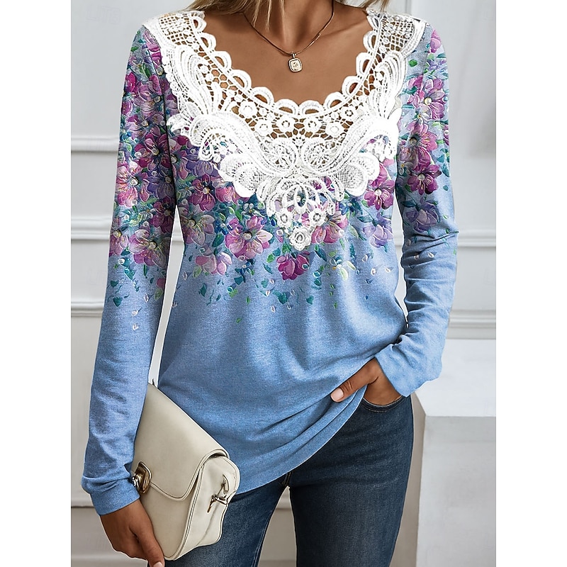 Women's Blouse Tunic Lace Splicing V Neck Long Sleeve Floral Graphic Round Neck Regular Tops Daily Going out Weekend Lace Patchwork Print Pink Red Blue Orange Spring Fall2