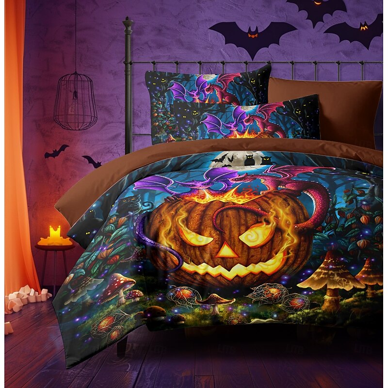 Halloween Duvet Cover The glowing Pumpkin by Sarah Richter Bedding Set 3-Piece Comforter Cover Set with Zipper Closure, Soft and Lightweight, Holiday Bedroom Decoration4