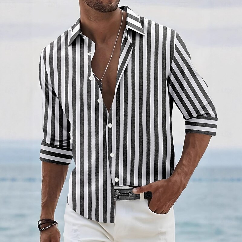 Men's Summer Shirt Casual Shirt Beach Shirt Button Up Shirt Black Pink Dark Navy Sky Blue Light Grey Long Sleeve Stripes Lapel Vacation Hawaiian Button-Down Clothing Apparel Polyester Fashion Casual3
